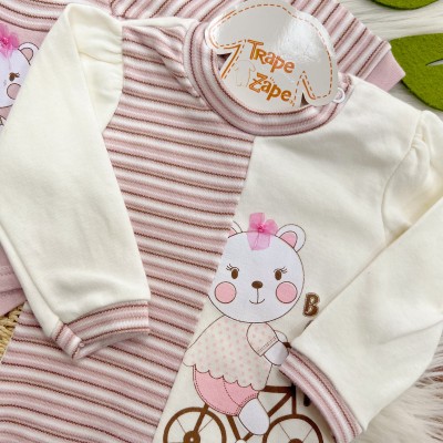 Kit 3 Peças - Bodys Manga Longa Ursinha Baby - Rose e Off White